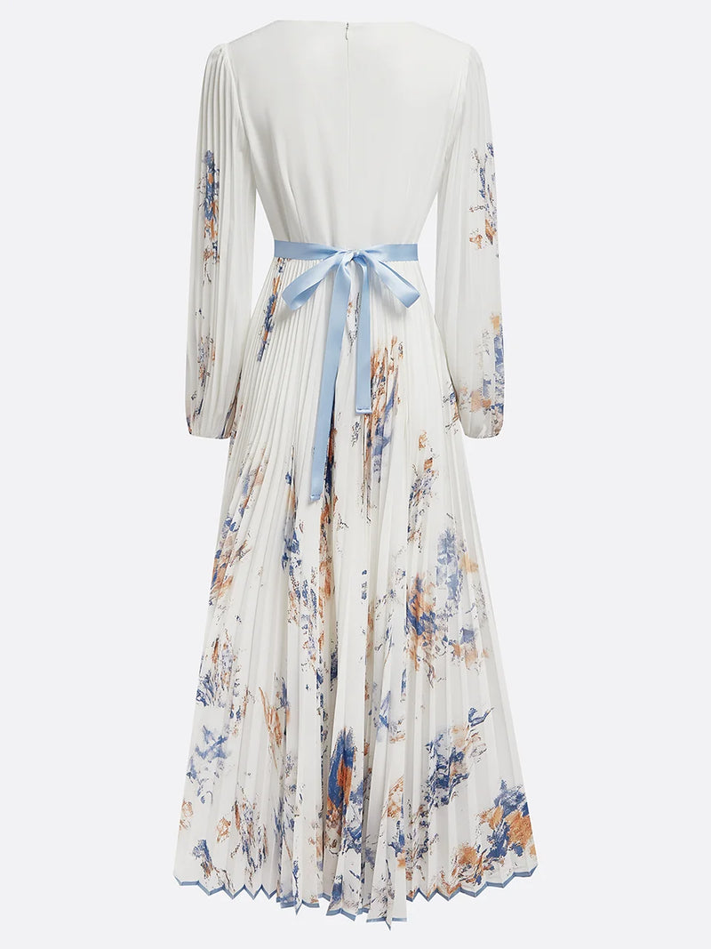 Vestido Longo com Mangas Bufantes e Decote em V