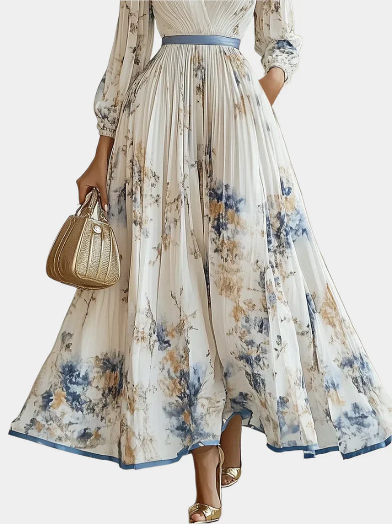 Vestido Longo com Mangas Bufantes e Decote em V