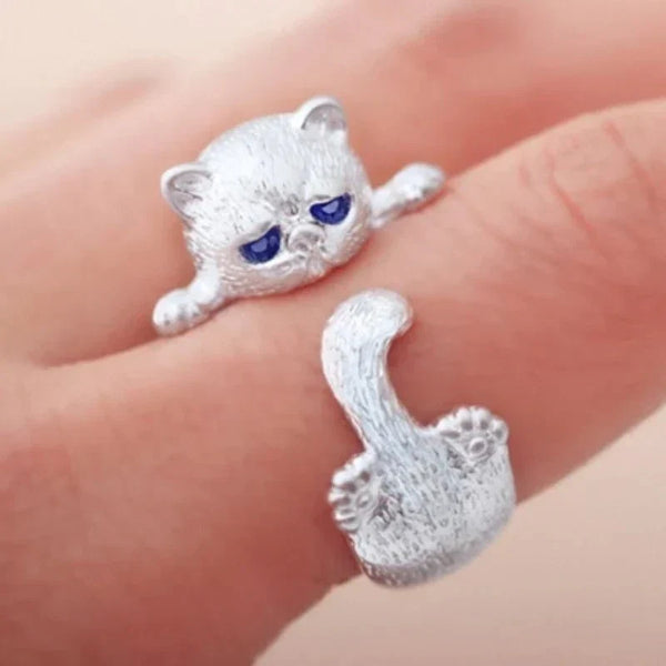 Anel Ajustável de Gato em Prata Esterlina 925 | Ouro Branco
