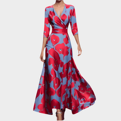 Vestido Longo Floral com Decote em V