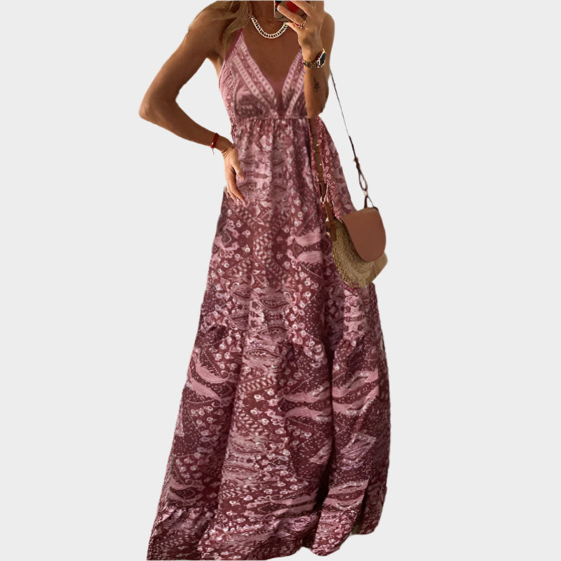Vestido Boho com Alças Finas e Decote V