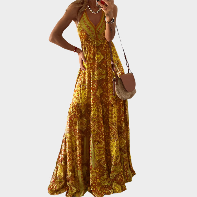 Vestido Boho com Alças Finas e Decote V