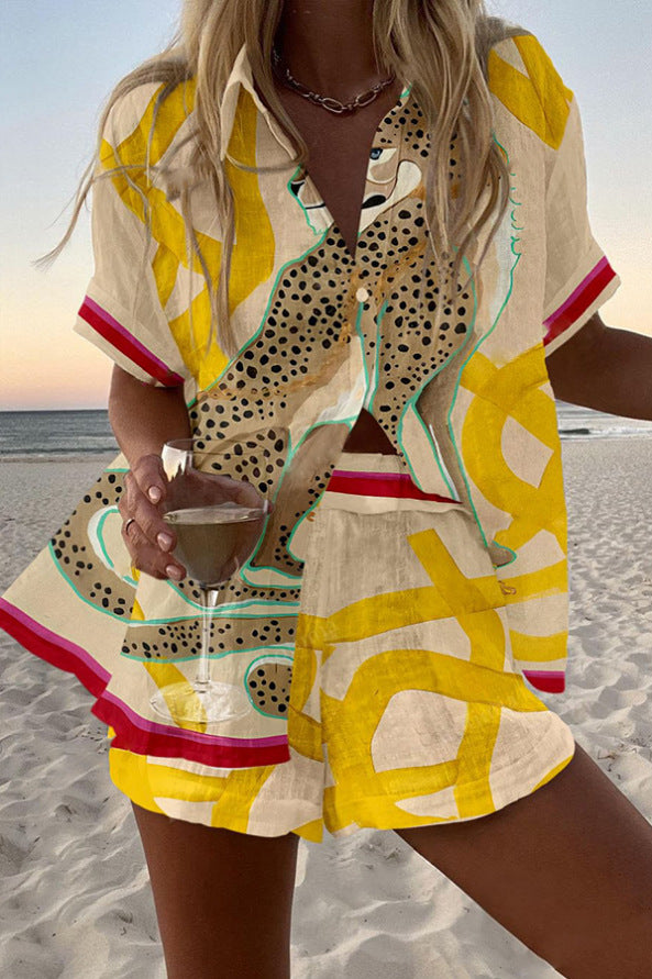 Casima™ | Conjunto curto de linho com estampa de leopardo