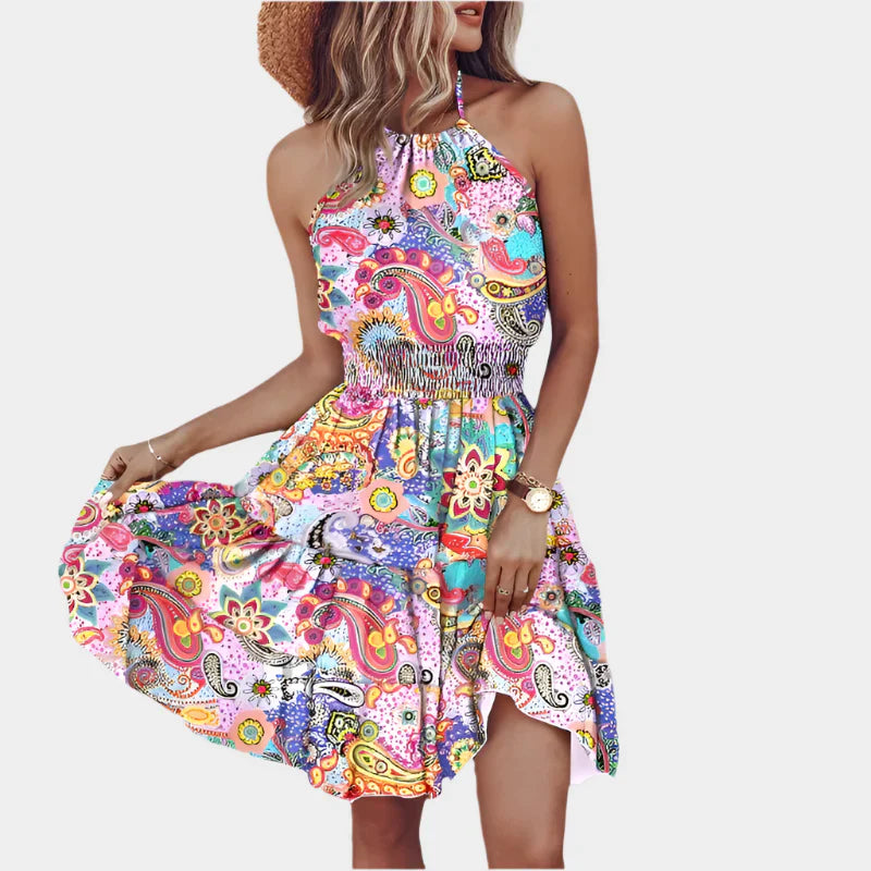 Vestido Mini Sexy com Estampa Irregular e Design Decotado nas Costas