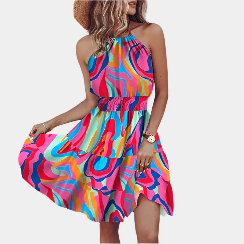 Vestido Mini Sexy com Estampa Irregular e Design Decotado nas Costas
