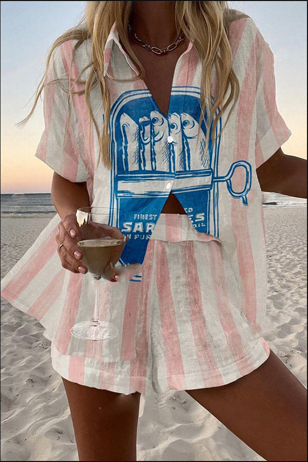 Silava™ | Conjunto curto de linho com estampa de sardinha