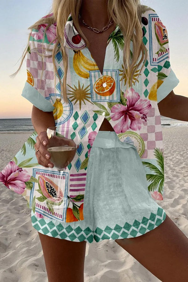 Maevin™ | Conjunto Curto de Linho com Estampa de Frutas