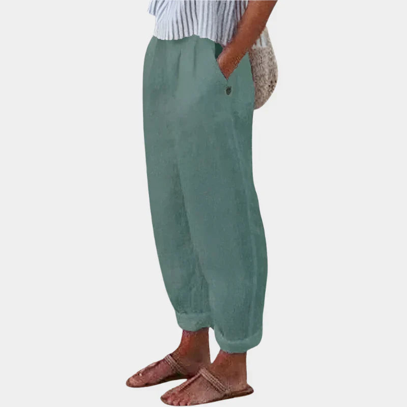 Calças confortáveis de linho com bolsos