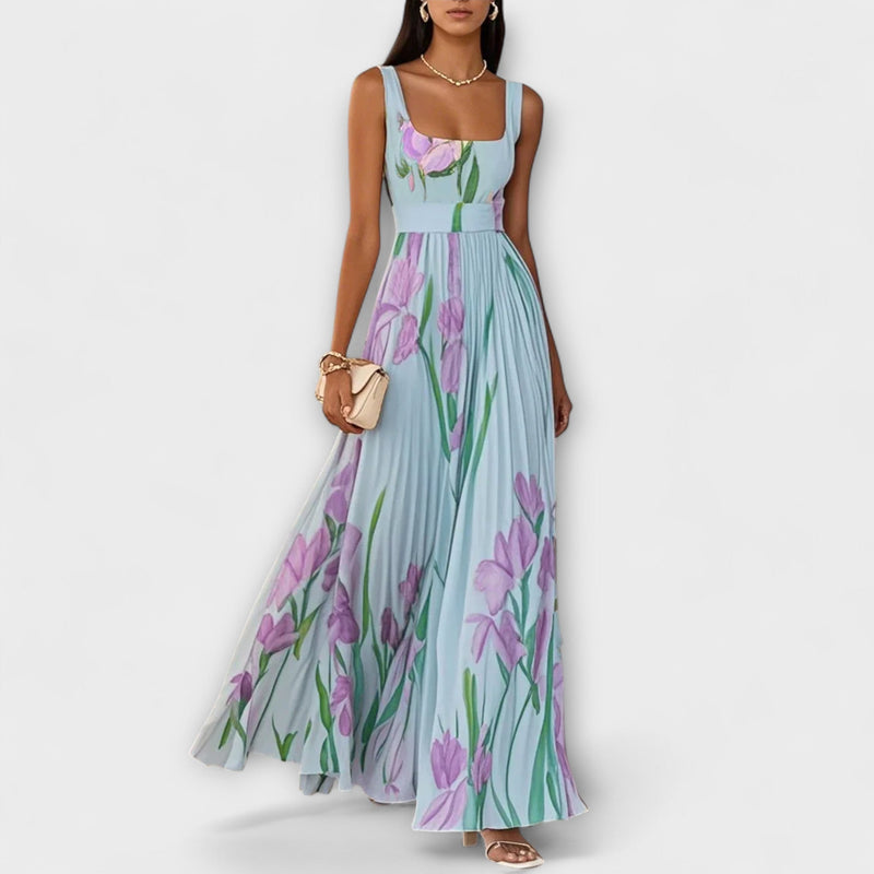 Penelope™ | Vestido longo de chiffon com flores plissadas