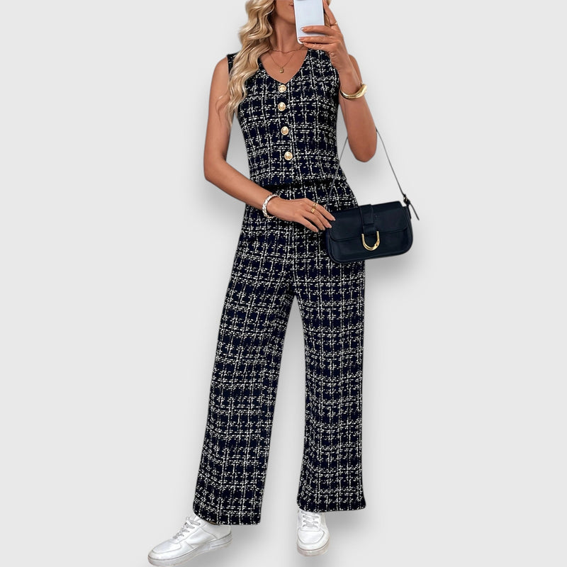 Conjunto de duas peças com decote em V e calças combinando