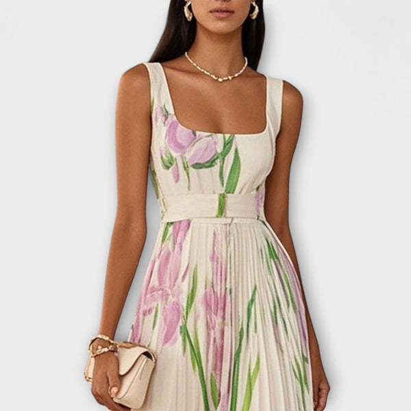 Penelope™ | Vestido longo de chiffon com flores plissadas