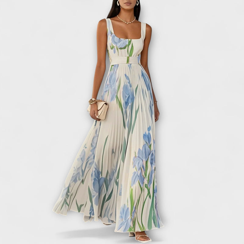 Penelope™ | Vestido longo de chiffon com flores plissadas