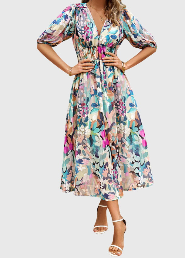 Merlin™ | Vestido Midi Floral Que Valoriza a Silhueta