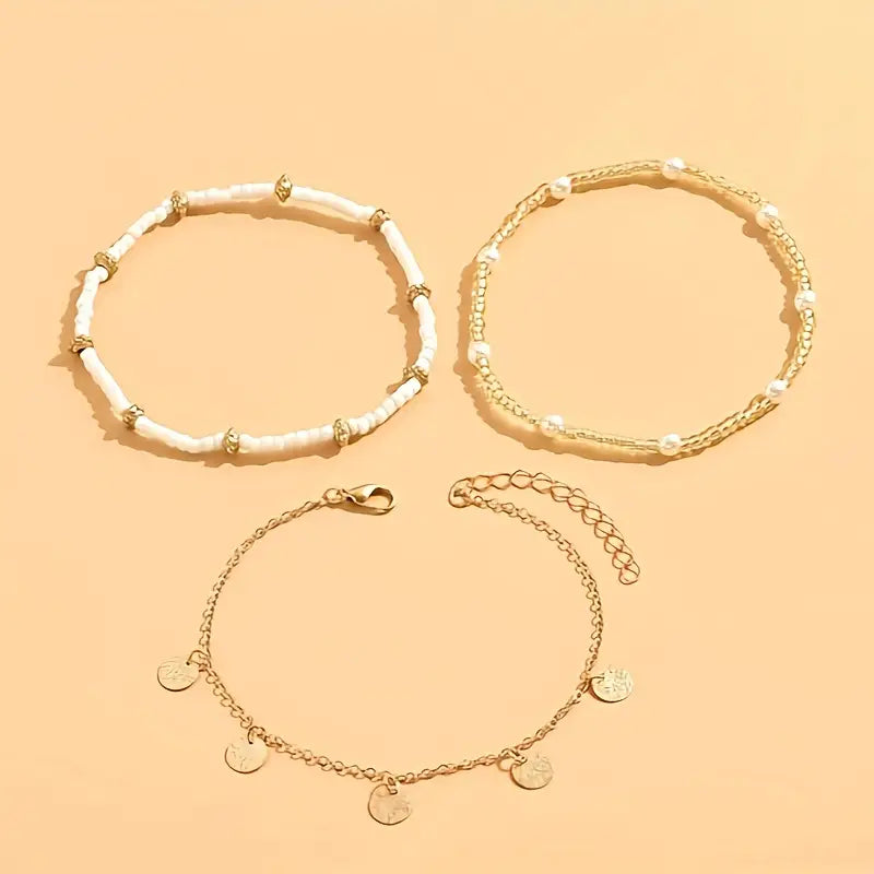 Conjunto de Tornozeleiras em Camadas com 3 Peças Coastal Charm | Dourado