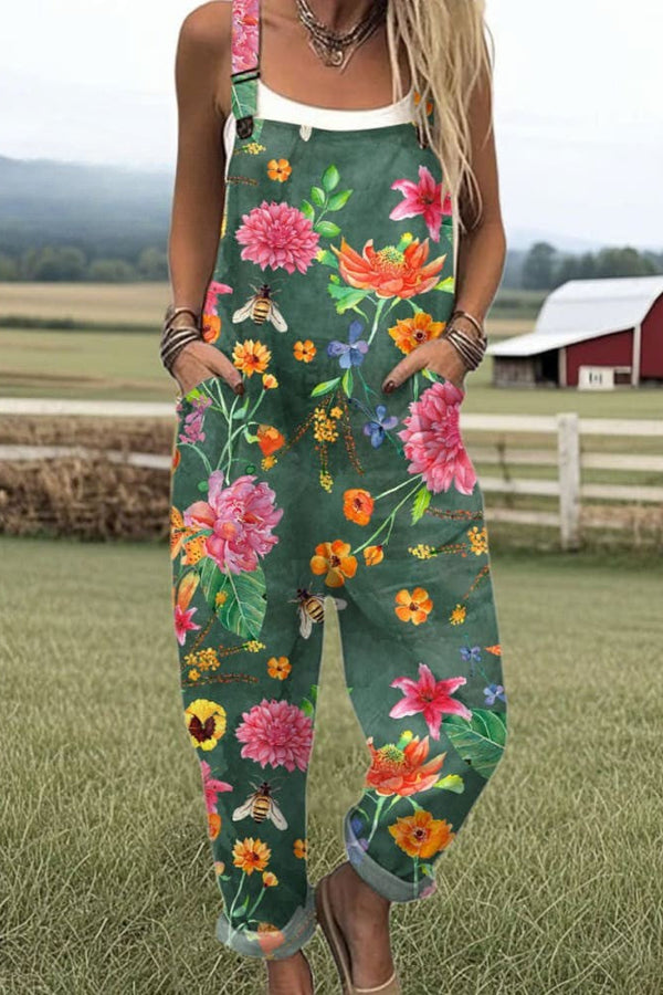 Macacão Feminino - Estampa Floral Vintage, Calças de Perna Larga para Conforto e Estilo