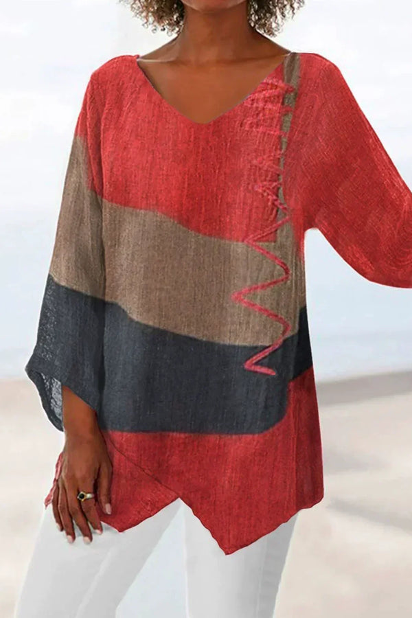 Helene | Blusa Estilosa com Decote em V e Blocos de Cor