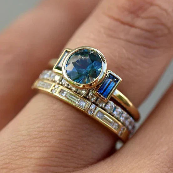 Conjunto de Anéis Elegantes Azul Antigo | Ouro