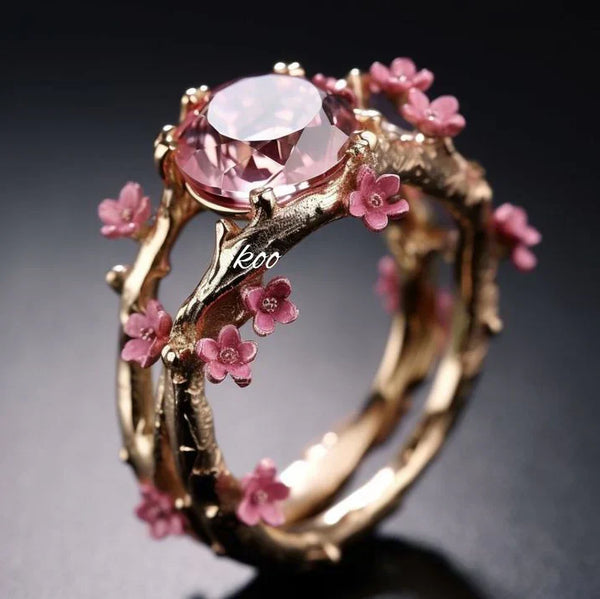 Anel Elegante de Flor Rosa de Cristal | Ouro