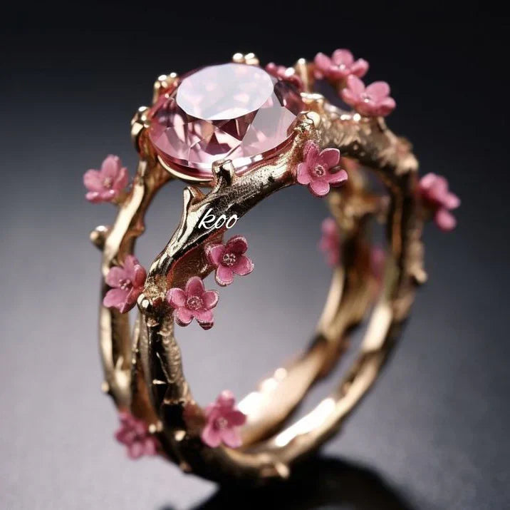 Anel Elegante de Flor Rosa de Cristal | Ouro