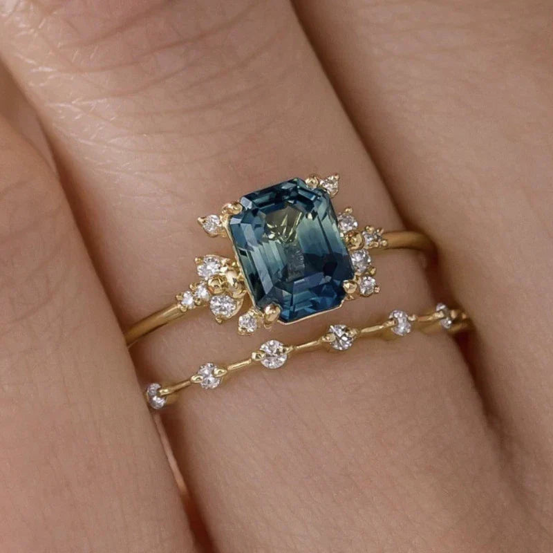 Conjunto de Anéis Brilho Azul Cristal | Ouro