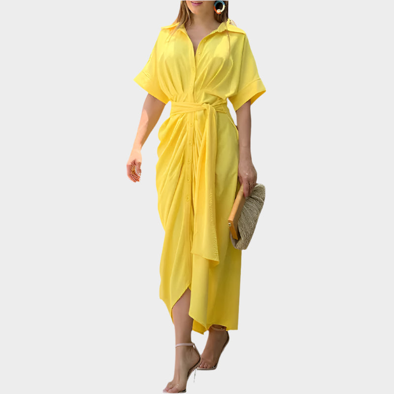 Vestido com Gola Bufante e Linha Elegante