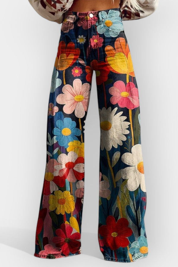 Calças florais com pernas largas