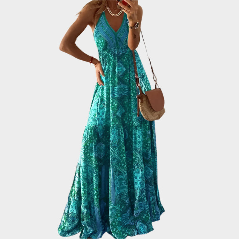 Vestido Boho com Alças Finas e Decote V