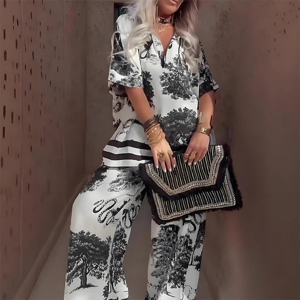 Blusa Estampada com Decote em V + Calça Longa